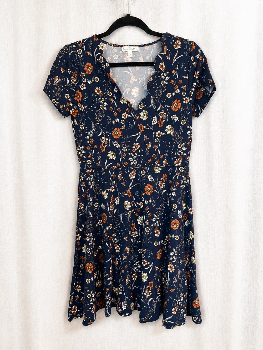 nine britton Navy Floral V-Neck Mini Dress with Rust and Cream Accents